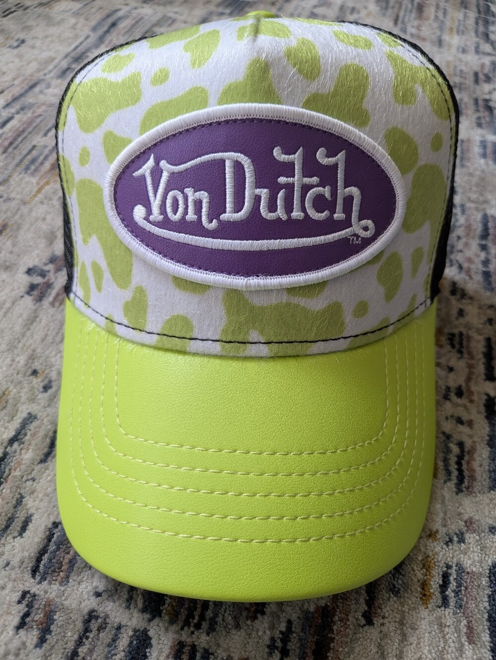 Von Dutch Lime Green Cow Print Trucker Hat NWT MSRP $89